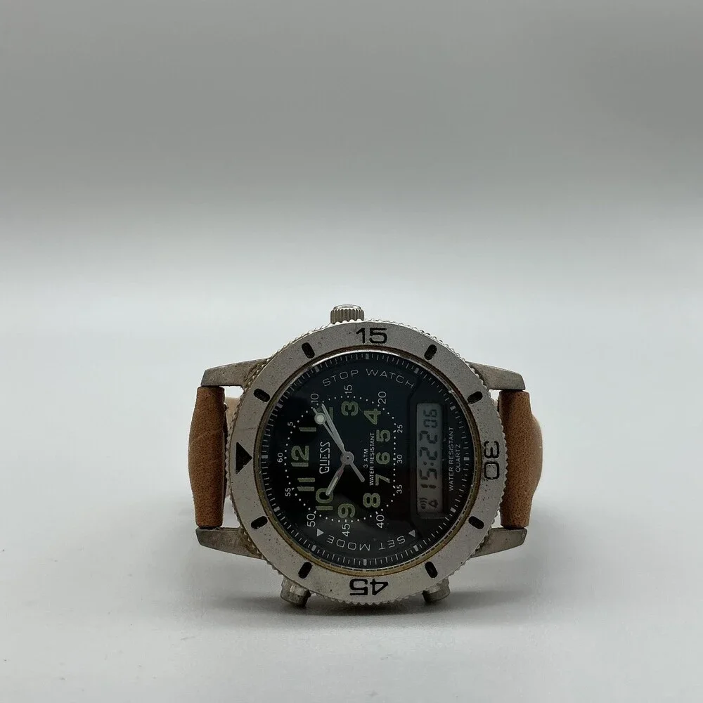 Vintage 1991 Guess Mens Watch 35mm Black Dial Leather Ana-Digi New Battery